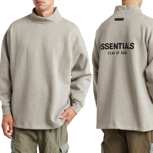 NWT! Fear of God Essentials Relaxed Mock Neck Sweatshirt XL Dark Oatmeal Grey - Picture 2 of 12